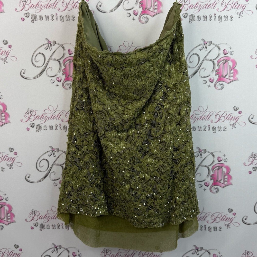La chateau strapless top Olive Green shirt sequin Lace Cowl Neck Tank Top
